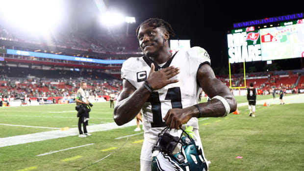 A.J. Brown of the Philadelphia Eagles had to change his cleats during the team's Monday Night Football win over the Tampa Bay Buccaneers. 
